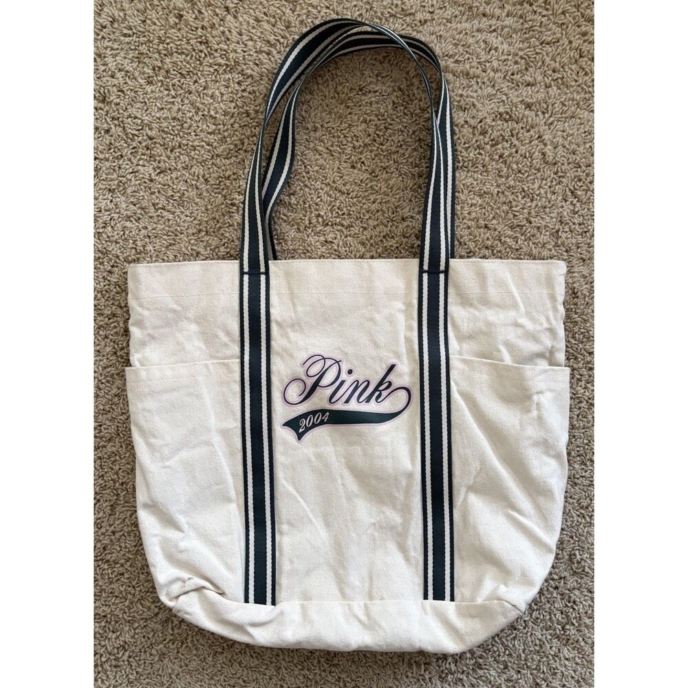 Victoria's Secret PINK  2004 Vintage Tote Bag Green Varsity Stripe Canvas Pocket